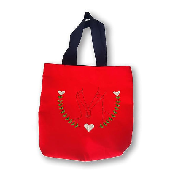 Couples Hand Embriodery Cotton Tote Bag for Women Ladies & Girls with Zip & Pocket College,Office & Shopping Handbags