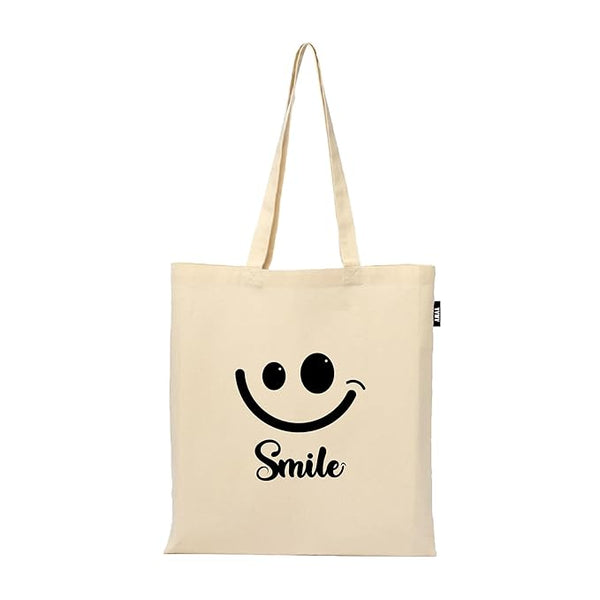 Smile Theme Printed Tote Bag | 100% Organic Cotton Shopping Grocery Tote Bag Women Office College Grocery,Vegetable Bags Market Canvas Bag 15kgs Capacity (13 x 15.7 Inch)