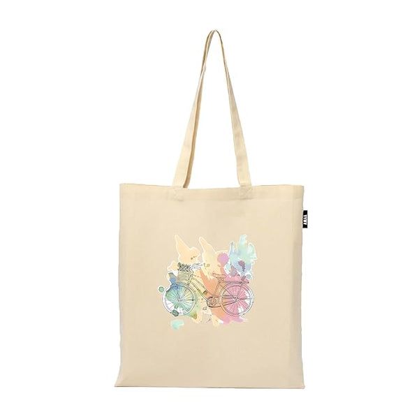 Cute Bicycle Printed Reusable Tote Bags | 100% Organic Cotton Shopping/Grocery Bag | Multi-Purpose Bag | Sturdy Canvas Bag with 15kgs Capacity (13 x 15.7 Inch)