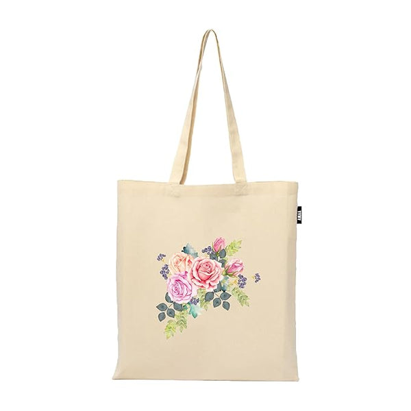 Beautiful Pink Rose Printed Reusable Tote Bags | 100% Organic Cotton Shopping/Grocery Bag | Multi-Purpose Bag | Sturdy Canvas Bag with 15kgs Capacity (13 x 15.7 Inch)