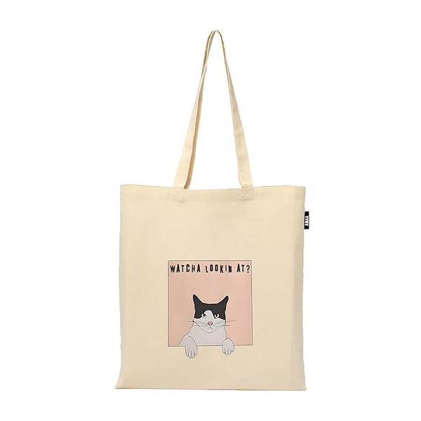 Watcha Lookin At? Cute Printed Reusable Tote Bags | 100% Organic Cotton Shopping/Grocery Bag | Multi-Purpose Bag | Sturdy Canvas Bag with 15kgs Capacity | Single Pack (13 x 15.7 Inch)