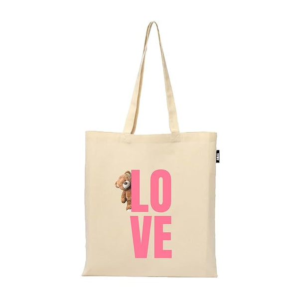 Pink Love Cute Printed Reusable Tote Bags | 100% Organic Cotton Shopping/Grocery Bag | Multi-Purpose Bag | Sturdy Canvas Bag with 15kgs Capacity (13 x 15.7 Inch)