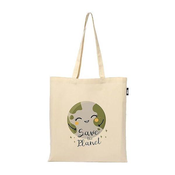 Save Planet Reusable Tote Bags | 100% Organic Cotton Shopping/Grocery Tote Bags For Women Office College Grocery,Vegetable Bags Market, Canvas Bag 15kgs Capacity (13 x 15.7 Inch)