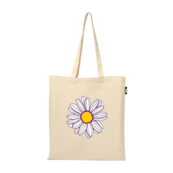 Purple Daisy Flower Printed Reusable Tote Bags | 100% Organic Cotton Shopping/Grocery Bag | Multi-Purpose Bag | Sturdy Canvas Bag with 15kgs Capacity (13 x 15.7 Inch)