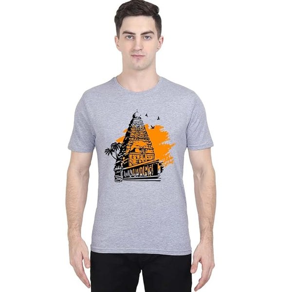 Thanjavur Periya Kovil Men Half Sleeve Grey Melange Tamil History T-Shirt