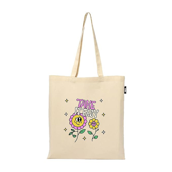 Take It Easy Quotes Tote Bag | 100% Organic Cotton Shopping Grocery Tote Bag Women Office College Grocery,Vegetable Bags Market, Canvas Bag 15kgs Capacity (13 x 15.7 Inch)