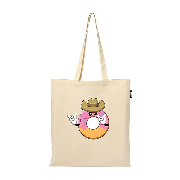 Doughnut Man Funny Printed Reusable Tote Bags | 100% Organic Cotton Shopping/Grocery Bag | Multi-Purpose Bag | Sturdy Canvas Bag with 15kgs Capacity (13 x 15.7 Inch)