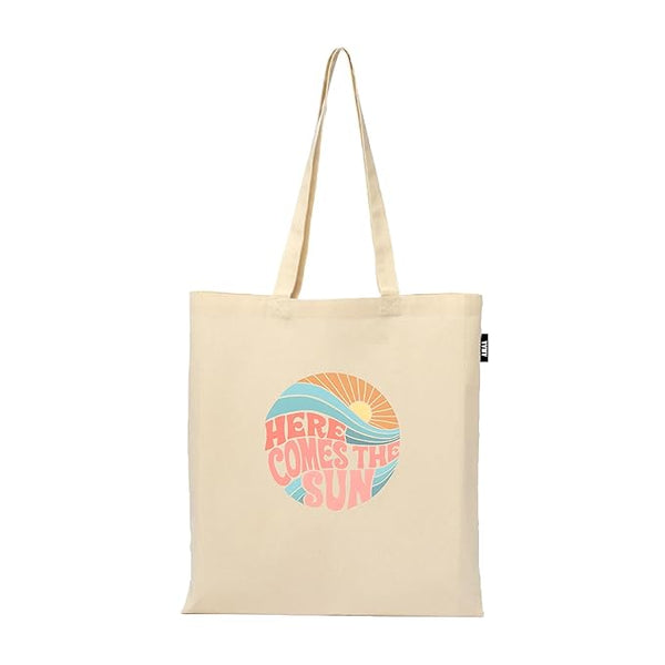 Here Comes The Sun Printed Reusable Tote Bags | 100% Organic Cotton Shopping/Grocery Bag | Multi-Purpose Bag | Sturdy Canvas Bag with 15kgs Capacity (13 x 15.7 Inch)