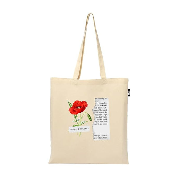 Vintage Red Flower and Poem Printed Eono Reusable Tote Bags | 100% Organic Cotton Shopping/Grocery Bag | Multi-Purpose Bag | Sturdy Canvas Bag with 15kgs Capacity (13 x 15.7 Inch)