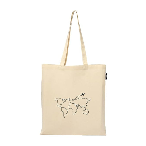 World Map Line Art Reusable Tote Bags | 100% Organic Cotton Shopping/Grocery Bag | Multi-Purpose Bag | Sturdy Canvas Bag with 15kgs Capacity | Single Pack (13 x 15.7 Inch)