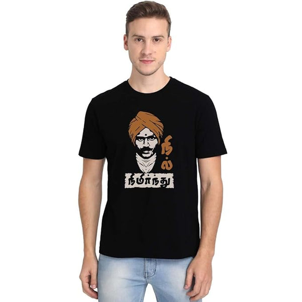 Nimirnthu Nil Bharathiyar Men's Black Half Sleeve Tamil Round Neck T-Shirt