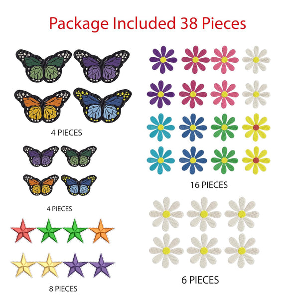 38 PCs Flowers Embroidered Iron on Patches | Butterfly Daisy Applique Decoration Sewing Patches for Cloting Bags Caps Jackets Hat Jean