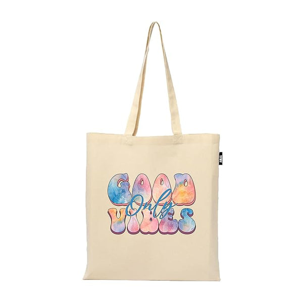 Good Vibes Printed Reusable Tote Bags | 100% Organic Cotton Shopping/Grocery Bag | Multi-Purpose Bag | Sturdy Canvas Bag with 15kgs Capacity (13 x 15.7 Inch)