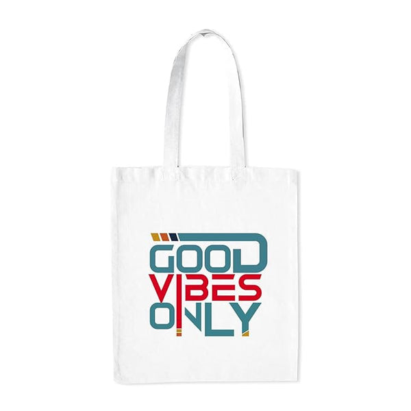 Good Vibes Only Printed Medium Canvas Tote Bag for Women with Zip, Stylish Polyster Cotton Handbags College Grocery Handbags L X H 38 X 43 Cms